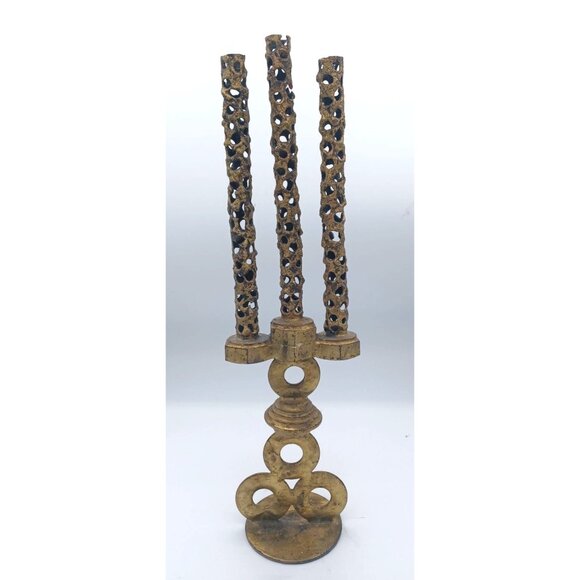 Vintage Gothic Brutalist Steampunk 3 Candle Metal Candelabra Pierced Design 16" - Picture 2 of 12